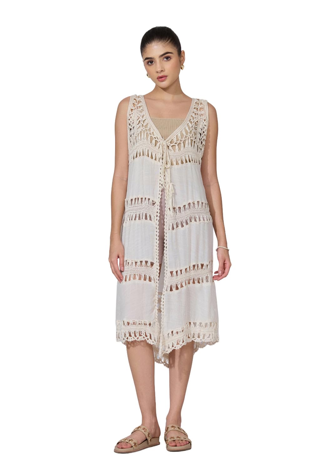 showoffff Women Textured Front-Open Shrug | V Neck Sleeveless Crochet Shrug's for Womens | Longline Shrug for Women's Cream-M-picture-35