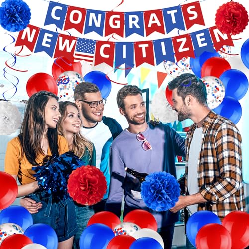 Image of RoundFunny 45 Pcs New Us Citizenship Gifts, Blue White and Red Party Decorative Kit, Congrats New Citizen Decoration Banner, Balloons, Paper Poms, Patriotic Supplies for Men Women