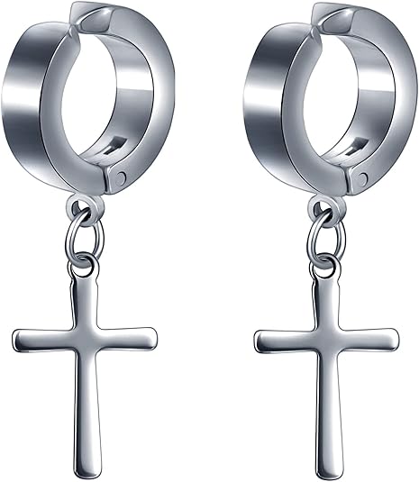 Perlina Orecchini A Cerchio Polsino Orecchio Clip Da Uomo Donna Con Lunga Pendenti Croce, Acciaio, Non-Piercing - Foto 2