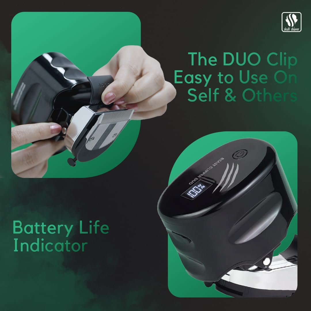 Close-up of the Skull Shaver Beast Clipper Duo showing the DUO Clip attachment being used to change the clipper's orientation for different cutting angles.