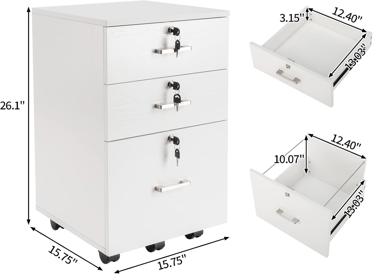 Karl home Wooden File Cabinet, 3 Drawer Vertical File Cabinets with 3 Lock,Printer Stand Mobile Storage Cabinet,Filing Storage Drawer for Home,Office,White(15.75" L x 15.75" W x 26.1" H)
