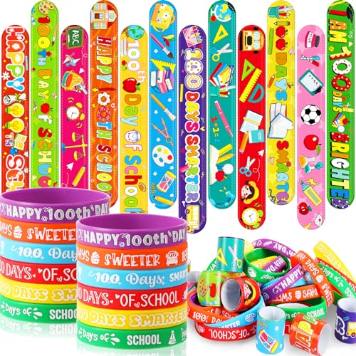 JUNEBRUSHS 50 Pcs 100 Days of School Silicone Slap Bracelets Party Favors