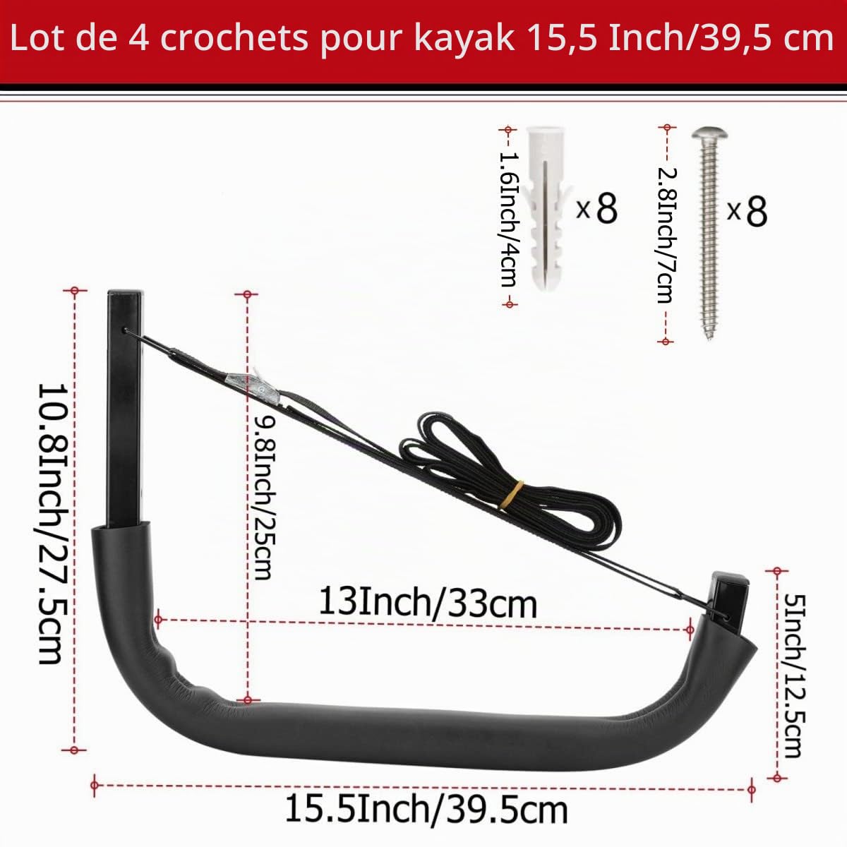 Porte-kayak, fixation murale pour garage et canoës pour kayak ou paddleboard, crochets résistants (38 cm x 26,7 cm)