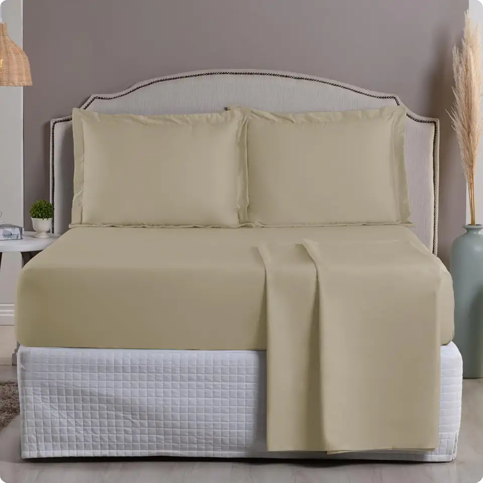 Jogo de Cama 1000 Fios Algodão Egípcio Toque Gelado, Solteiro/Casal/Queen/King, Fronhas com Aba (Cáqui, Casal 3 Peças)