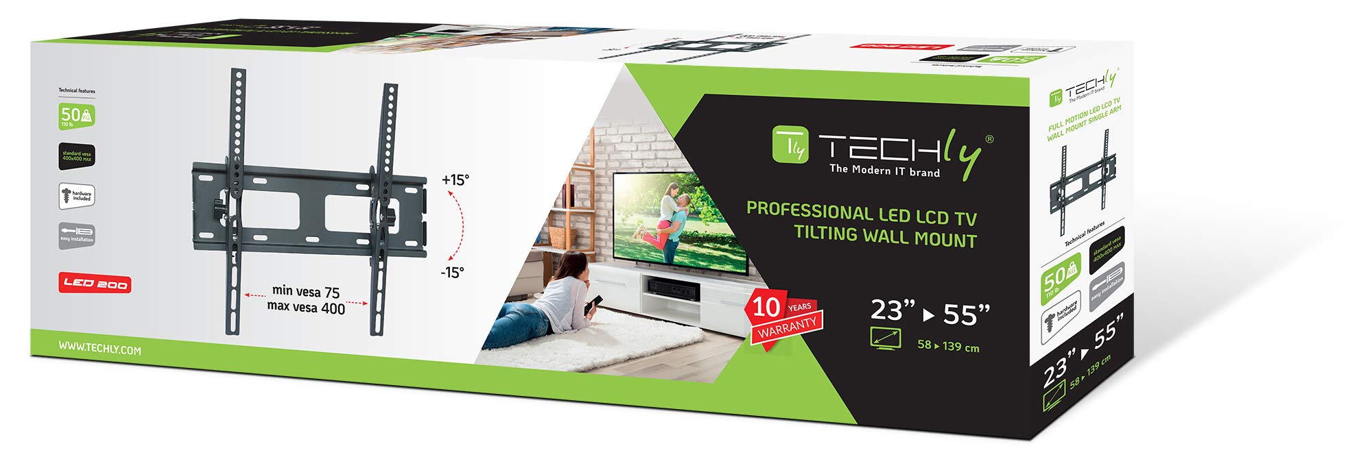 Techly Soporte de Pared inclinable para TV de 23 a 55 Pulgadas, hasta 60 kg