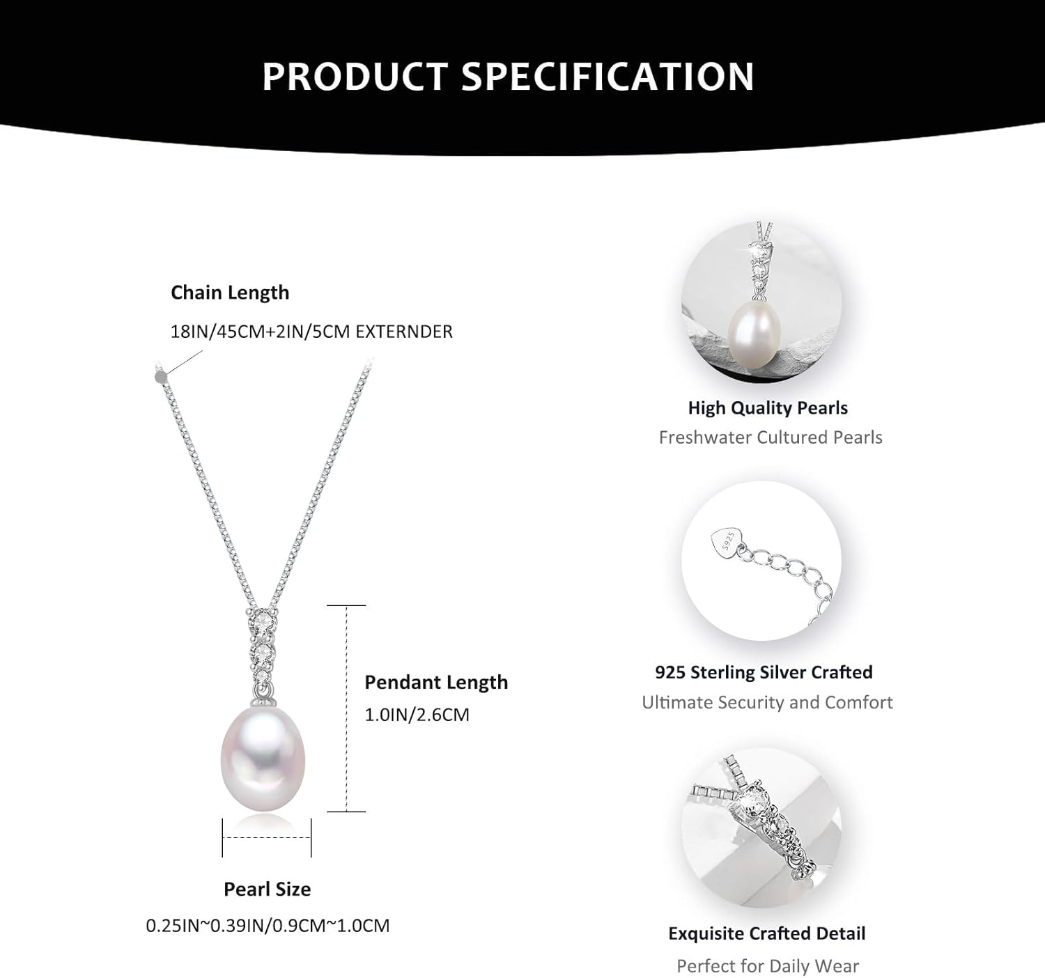 Pearl Drop Necklace, Freshwater/Saltwater Cultured Pearl 9-10MM, 925 Sterling Silver, Adjustable Chain 18+2", Three CZ, Elegant Birthday & Anniversary Jewelry Gifts for Women/Wife - Image 5
