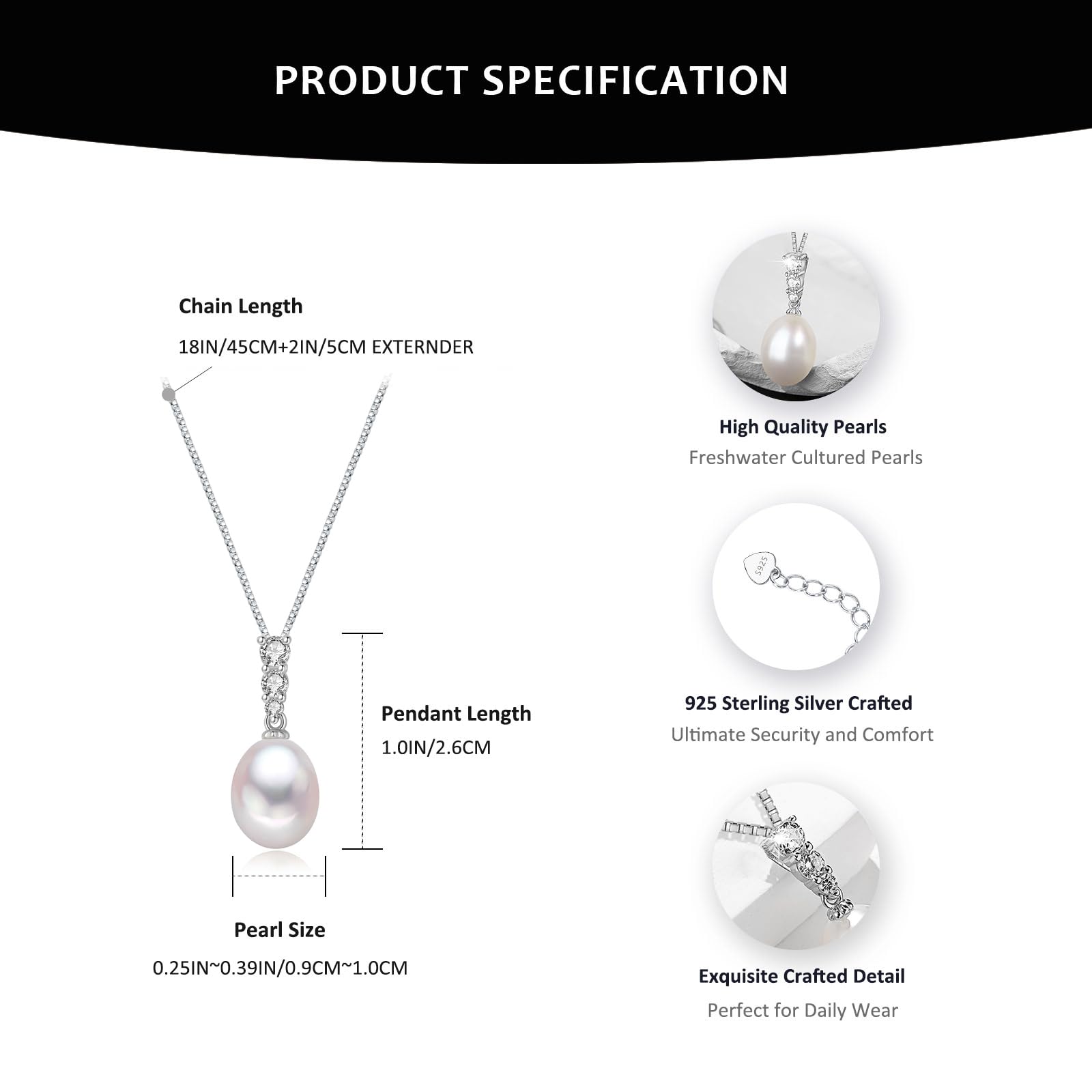 Collar de perlas cultivadas de agua dulce y agua salada, 9 – 10 mm, plata de ley 925, tres diamantes de circonita, cadena ajustable de 45,7 cm + 5,7 cm