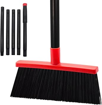 Small Broom Stiff Bristles Brush with Long Handle Indoor or Outdoor Compact Broom for Sweeping Patio Garage Garden,Deck,Concrete Floor,Bathroom Red