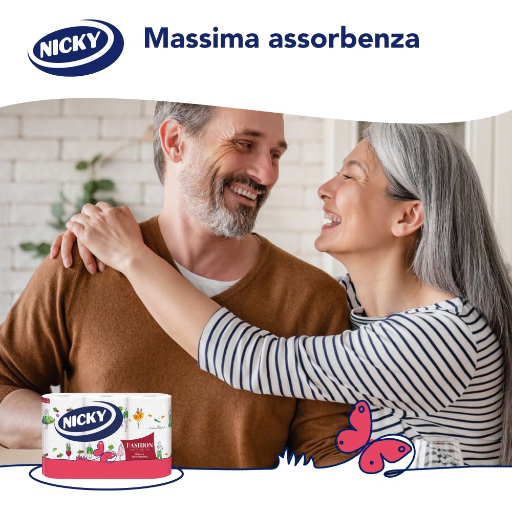 Nicky Fashion - 21 Rotoli di Carta Cucina, 50 Soffici Fogli a 3 Veli, 3 Diverse Fantasie per un Mix&Match in Diversi Colori, Massima Bellezza ed Assorbenza, Carta 100% Certificata FSC