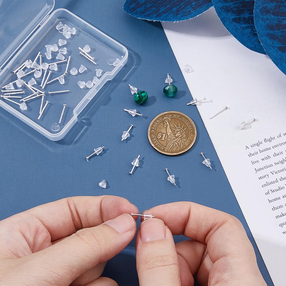 DICOSMETIC 20 Pairs 925 Sterling Silver Earrings Posts Flat Pad Earring Studs 2mm Silver Earring Pads Blanks Earrings Pin with 100Pcs Ear Nuts and 1Pc Polishing Cloth for Jewelry Making