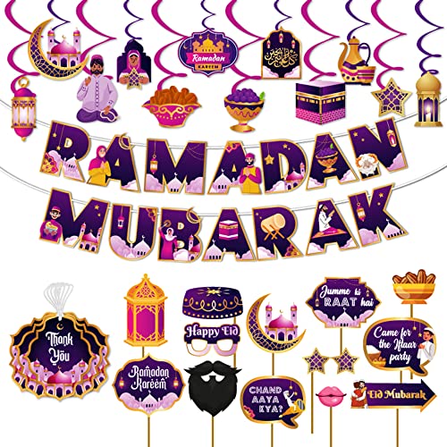 Festiko® Set of 48 Pcs Ramadan Mubarak Decoration Combo - (Banner/Swirls Ribbons & Cutouts/Photobooth Props/Thank You Tags), Eid Decorations, Ramadan Decorations