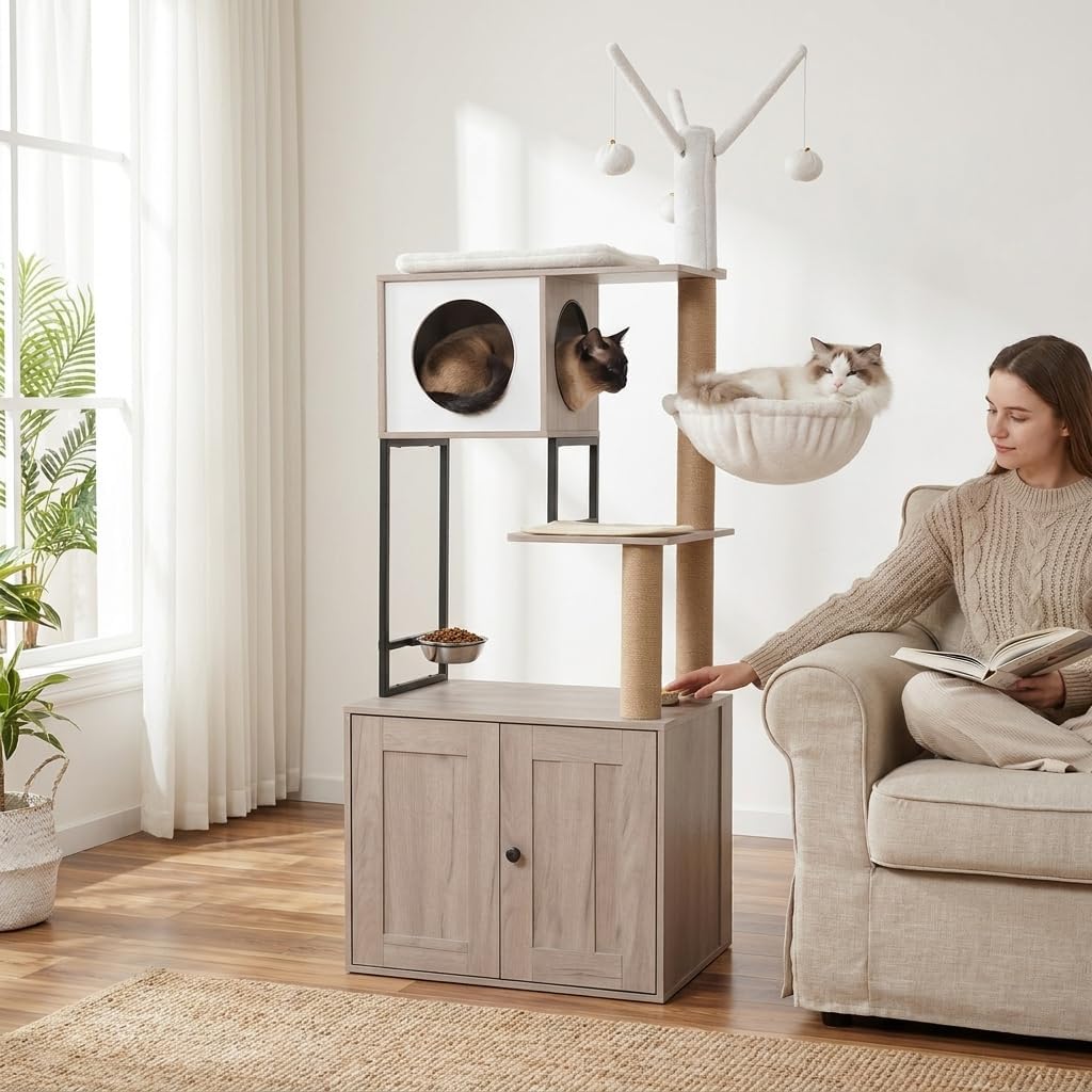 Cat Tree with Litter Box Enclosure, Modern Cat Condo with Scratching Posts, Feeding Bowl and Removable Pompom Sticks for Indoor Cats, Gray Multi-Functional Feline Furniture with Hideaway Compartment