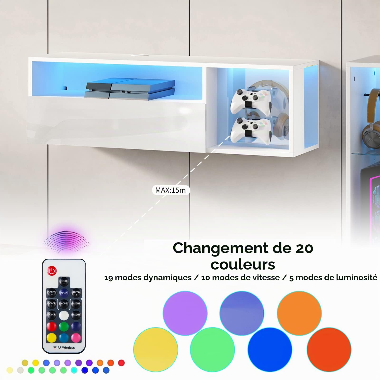 DlandHome Meuble TV Flottant avec Lumières LED 100cm Meuble TV Suspendu Brillant avec Rangement Étagère Banc TV Mural Flottante Console Multimédia avec Crochets pour Manettes de Jeu & Casque