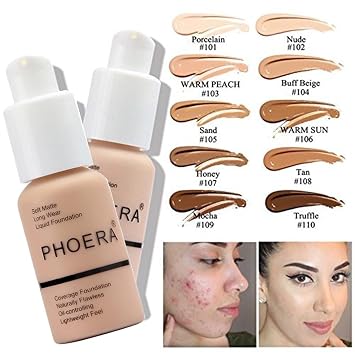 PHOERA Foundation, PHOERA Matte Liquid Foundation,PHOERA Makeup for Women, PHOERA Foundation Full Coverage Concealer, 30ml 24HR Matte Oil Control Concealer (101- Porcelain)
