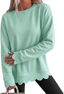 Fisoew Womens Oversized Crewneck Sweatshirts Scalloped Casual Pullover Tops | Long Sleeve, Comfort Soft Cute Sweater, Relaxed Loose Fit, Lightweight Loungewear, Athletic Daily 2026 Trendy Fall Outfits