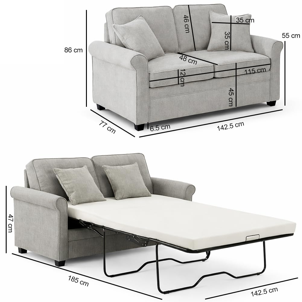 Shally Dogan Divano Letto 2 Posti con Rivestimento in Tessuto Grigio e Cuscino Memory Ergonomico Apertura Facile, Divanetto Apribile con Cuscini Imbottitura Alta Densità, 142.5 x 77 x 86 cm (Grigio)