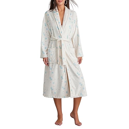 Women Fruit Printed Robe Cute Flower Gown Flannel Bathrobe with Belt β¦ - M - Beige Floral