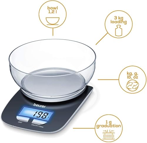 Beurer KS25 Digital Kitchen Scale | With 1.2l weighing bowl | Tare weighing function | Adjustable between kg, g, lb, oz | 3kg weight capacity, black - 2