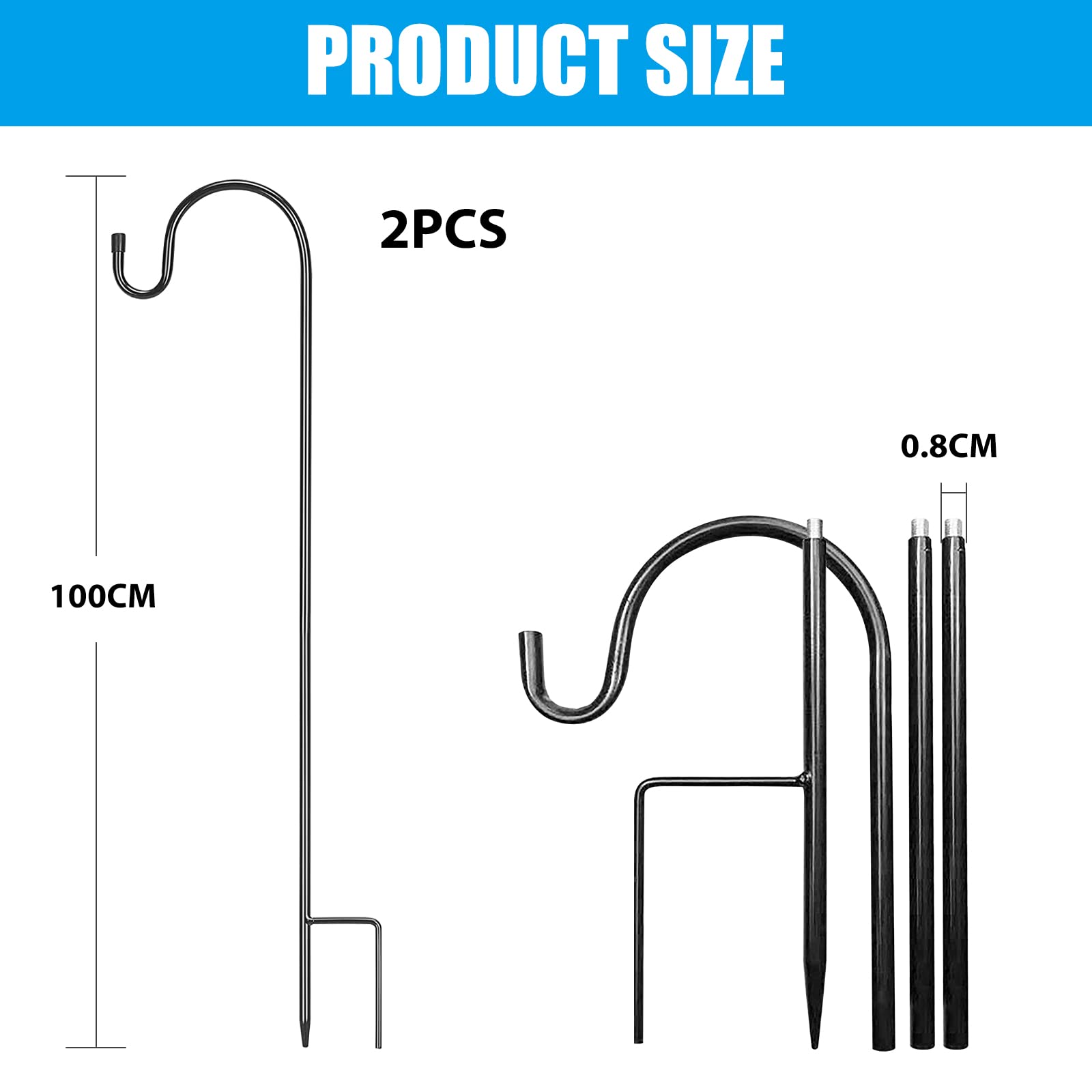 Nizirioo 2 PCS Crochets de Berger Pour Jardin, 100cm Crochet de Berger Jardin Extérieur, Noir Réglable en Hauteur Crochets de Berger Pour Mangeoires à Oiseaux, Lampes Solaires, Lumières de Noël