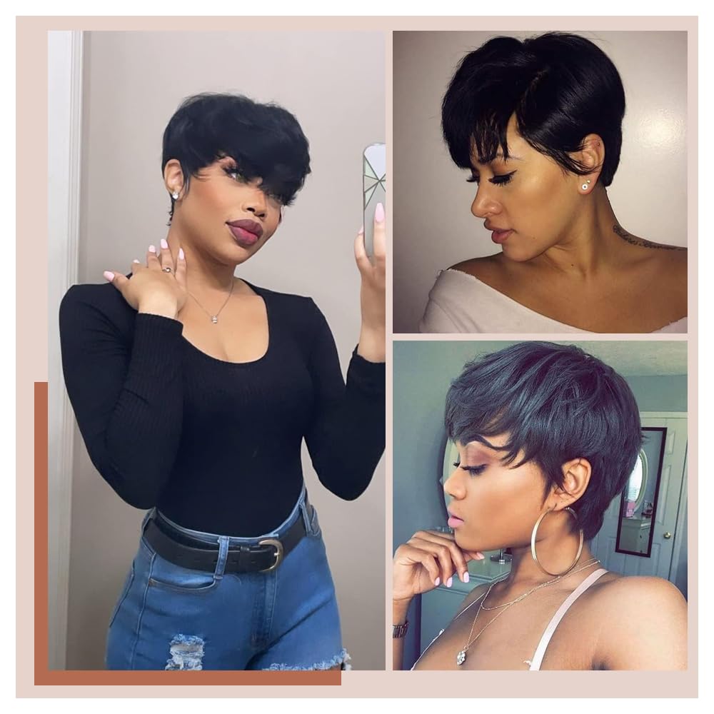 Wig Hair Short Wigs for Black Women Hair Glueless Natural Look Cut Wig Lace Front Wigs with Bangs Straight Short Human Hair Wigs (Black) - Image 4