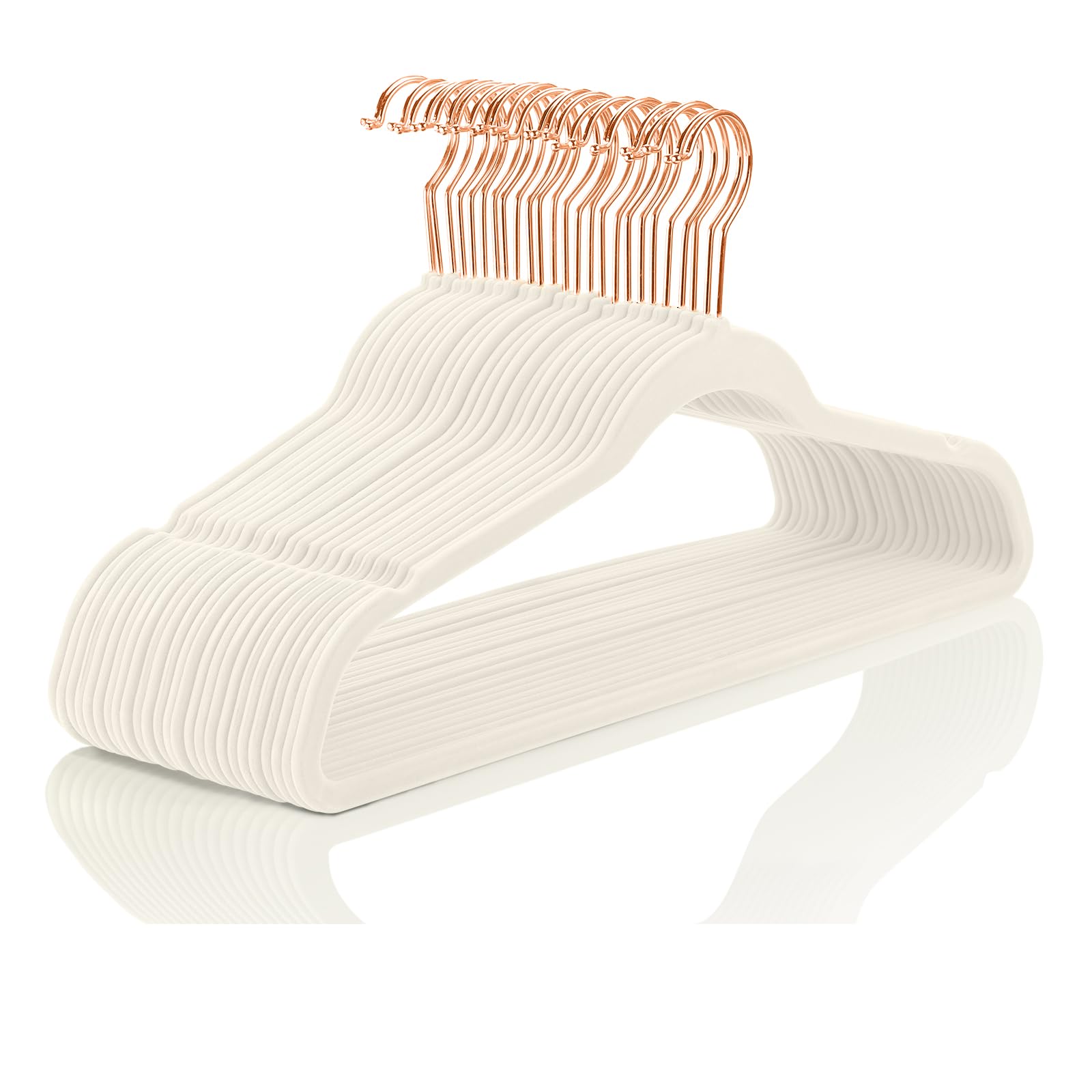 MIZGI - Perchas de terciopelo, pack de 60 unidades, resistentes, fieltro antideslizante, color marfil, ganchos de oro rosa, ahorran espacio