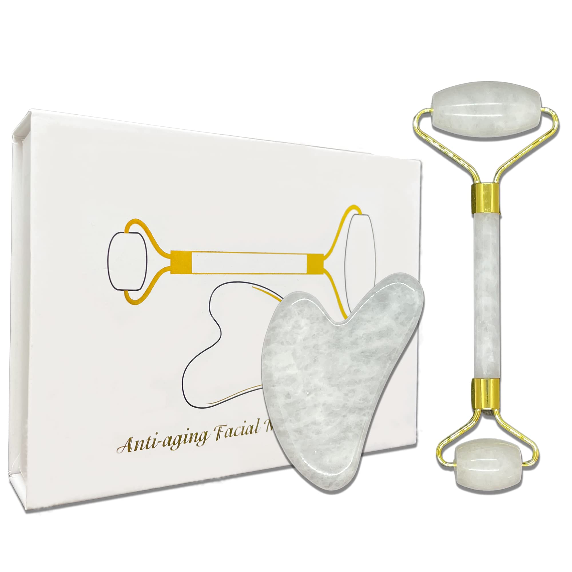 KUNSTIFY Juego de gua Sha de calidad prémium, piedras de jade de cuarzo rosa, rodillo de jade para la cara, piedra de guasha antienvejecimiento, cuidado de la piel (Set 3 Rodillo + Piedra Jade Blanco)