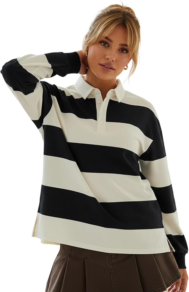 Women Striped Rugby Shirt Color Block Polo Sweatshirt | Lapel Neck Collared Long Sleeve Oversized Jersey Tops