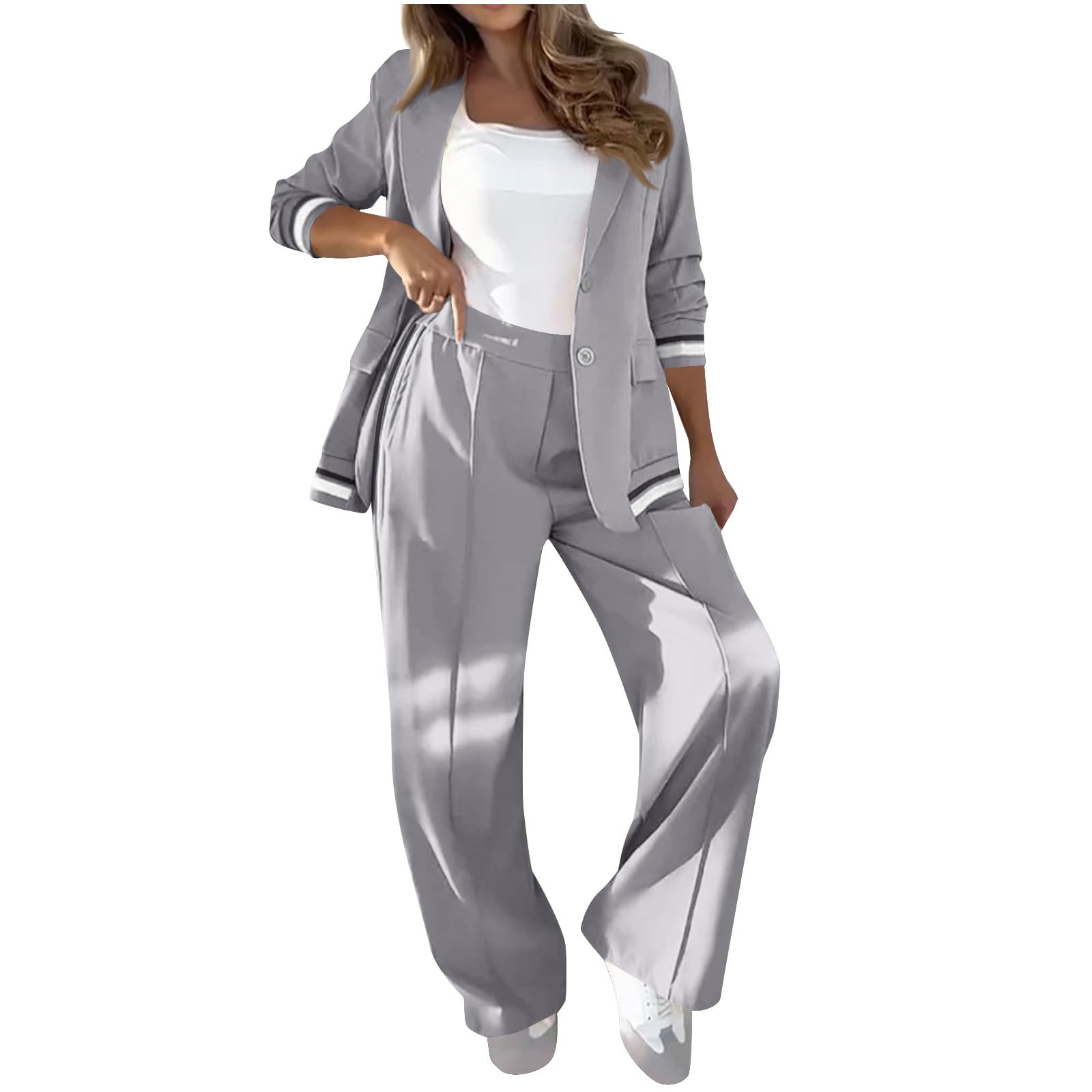 Womens Two Piece Outfits Casual Blazer Jacket and Wide Leg Work Pants Business Suit Color Block Tracksuit Sets