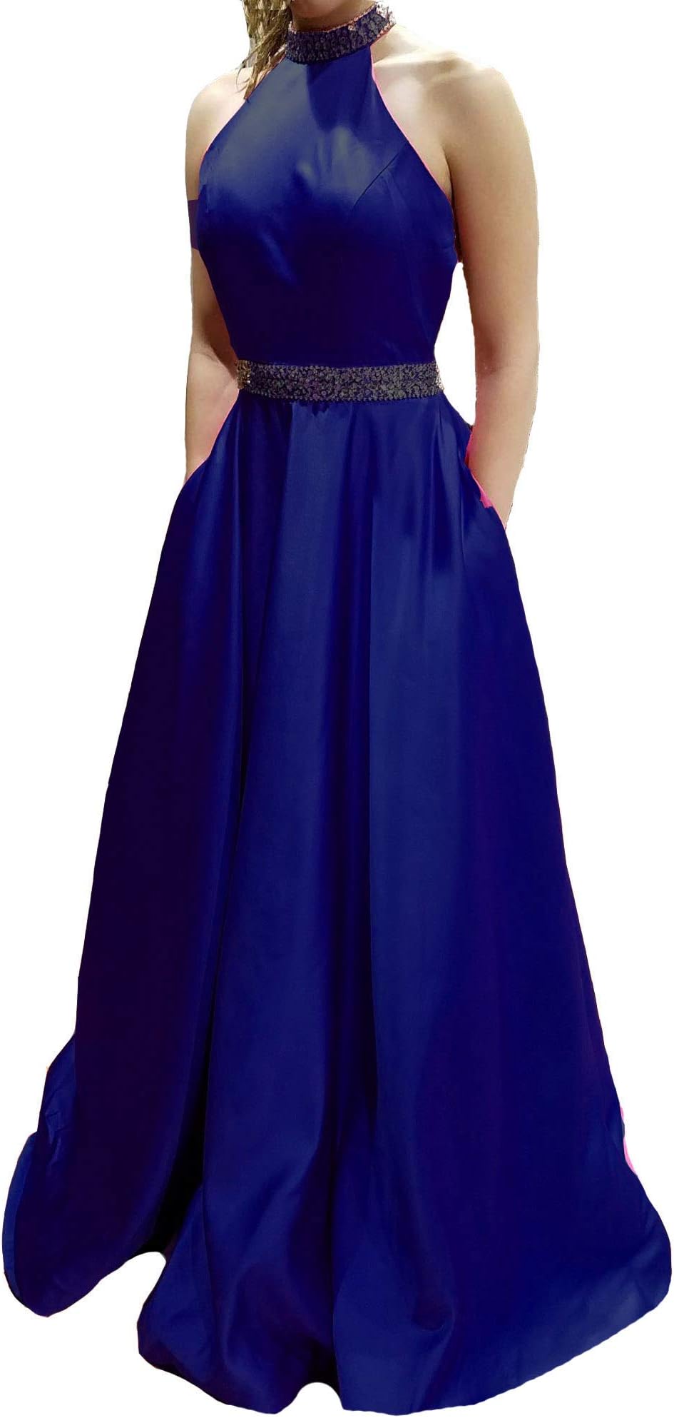 Lemai Sleeveless Beaded Halter Backless Long Formal Prom Dresses Evening Gowns