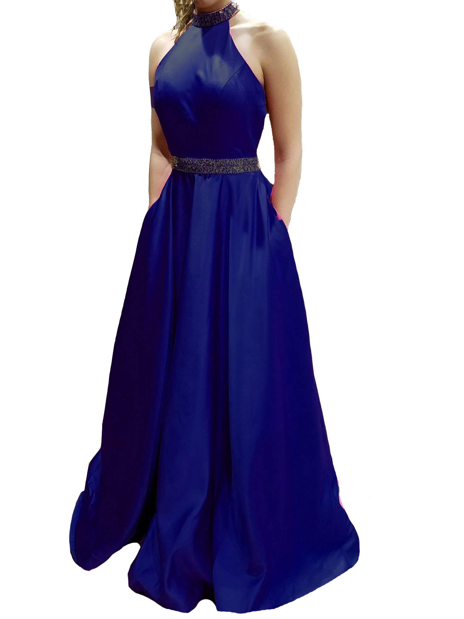 Lemai Sleeveless Beaded Halter Backless Long Formal Prom Dresses Evening Gowns