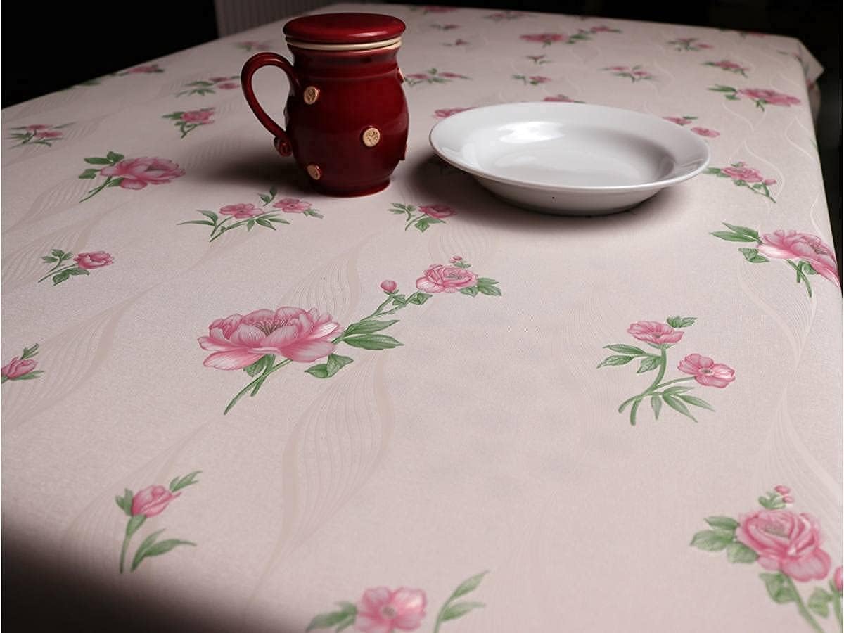 Sankirtan Waterproof Vinyl Tablecloth Rectangle, Oil Spill Proof PVC Table Cloth, Wipeable Heavy Duty Plastic Table Cover for Indoor and Outdoor, Picnic,Pink Flower and Green Leaf(140 X200 cm)