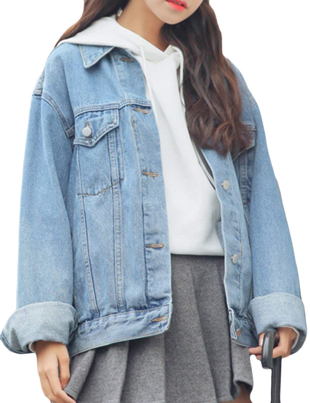 Huixin Kurtka dżinsowa damska vintage moda luźny chłopak styl denim płaszcz długi retro rękaw klapa wypoczynek elegancka wiosna jesień kurtka dżinsowa odzież wierzchnia