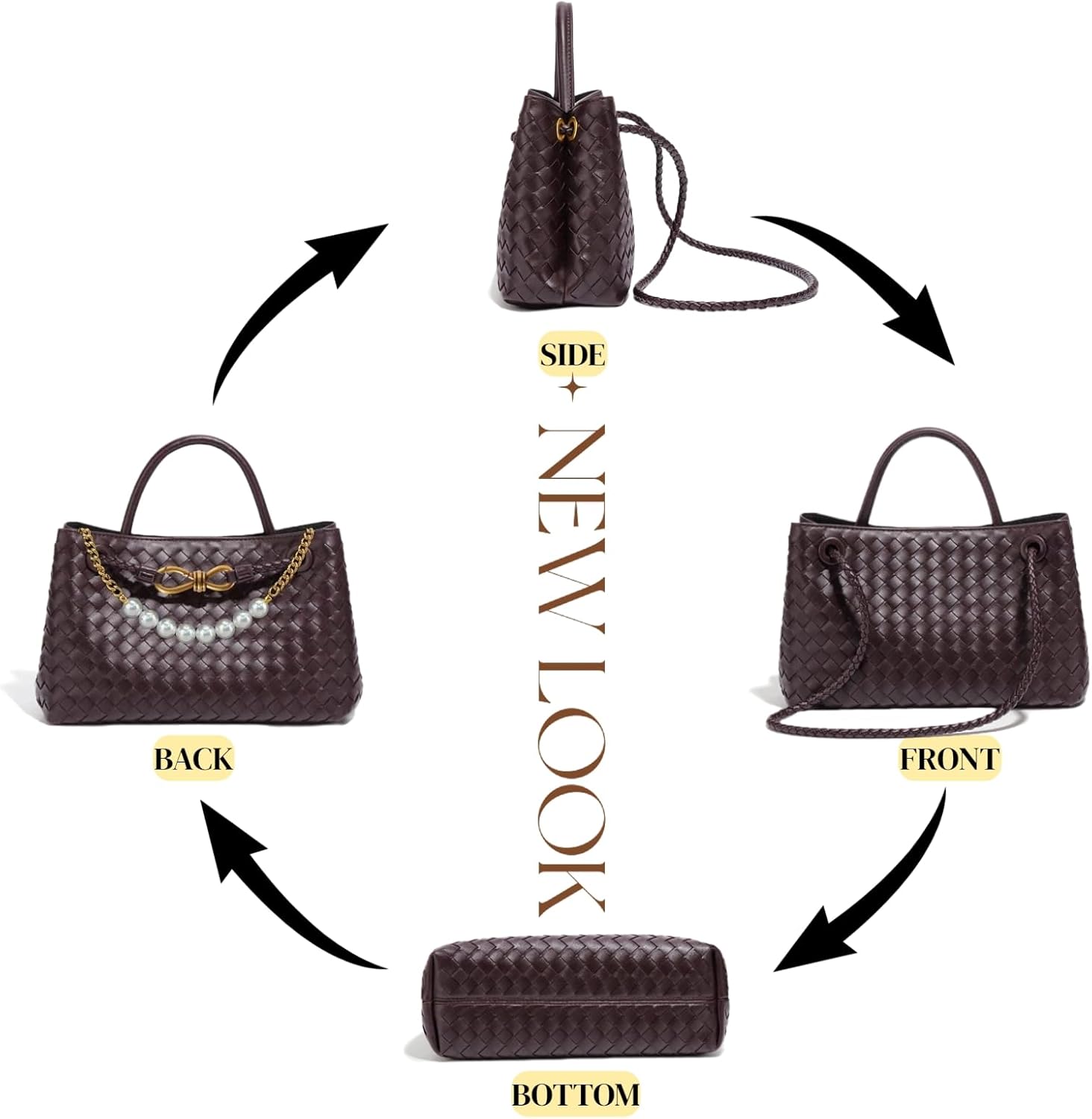 Woven Tote Bag for Women with Removable Pearl Chain Vegan Leather Woven purse Mediu... - Image 6