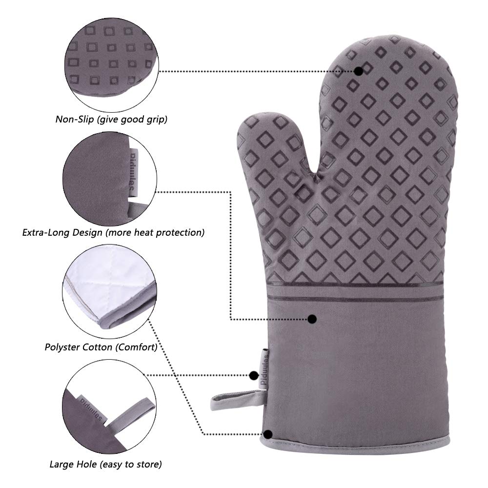 Juego de 4 guantes de horno y soportes para ollas, resistentes al calor, guantes antideslizantes para barbacoa, parrilla, hornear, cocinar, horno, microondas (gris)