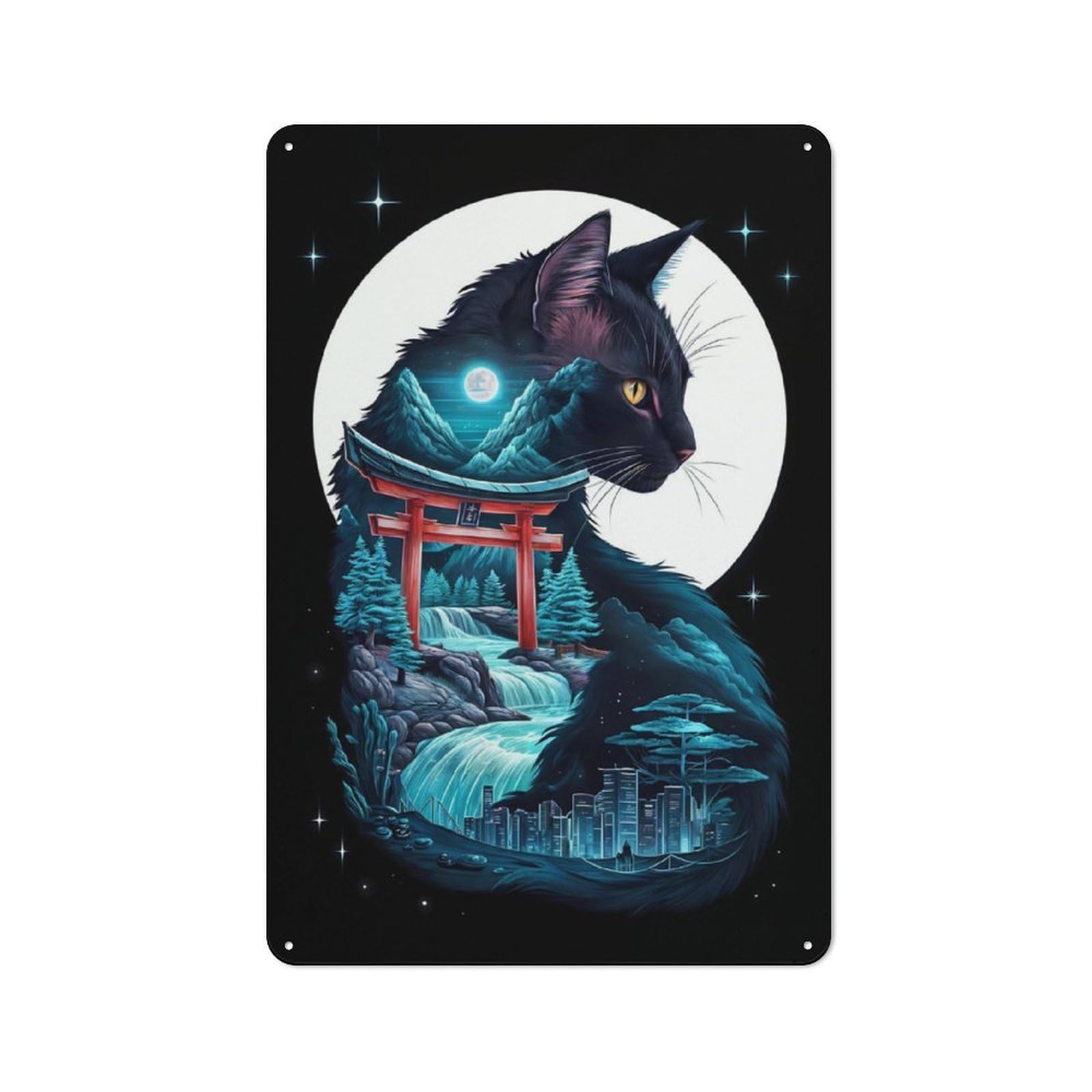 Industrial Cat Silhouette Torii Gate Decorative Metal Plaque 30x20cm, Studio Wall Art for Flat, Bar, Studio Or Gallery Wall