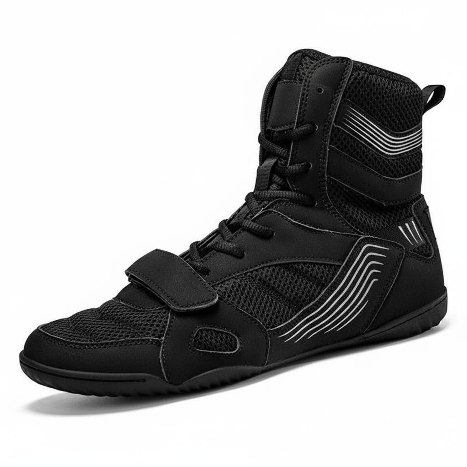 Breathable Mesh High-Top Boxing Shoes Hook-and-Loop Strap High Top Boxing Shoes Grippy Outsole Sports Footwear Synthetic Overlays, Black, 41-image-3