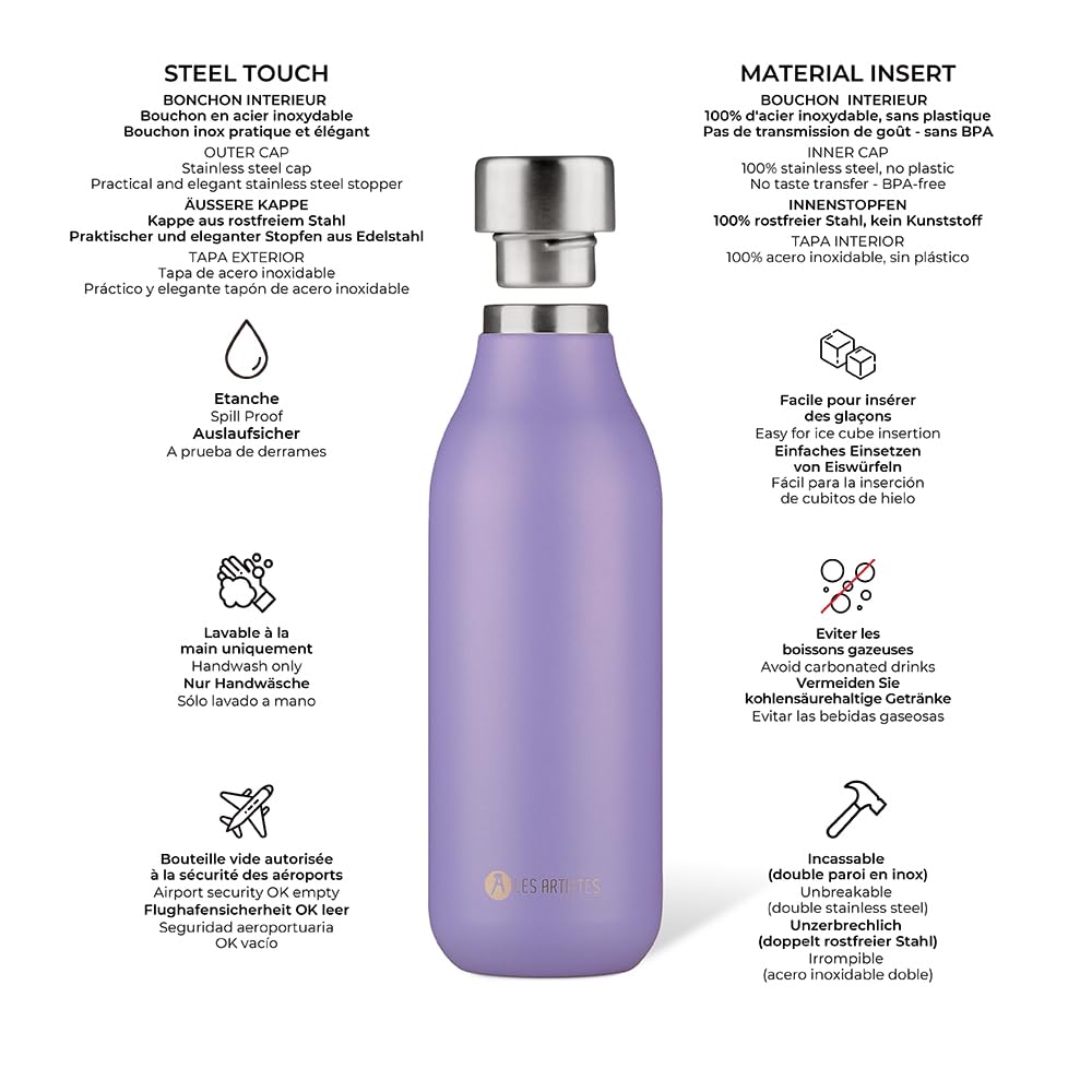 LES ARTISTES Paris A-6919 Bottle'Up 2.0, Thermosflasche, 500 ml, Thermosflasche, BPA-frei, wiederverwendbar, hält 12h warm und 24h kalt, leicht, Edelstahl, Twilight Design