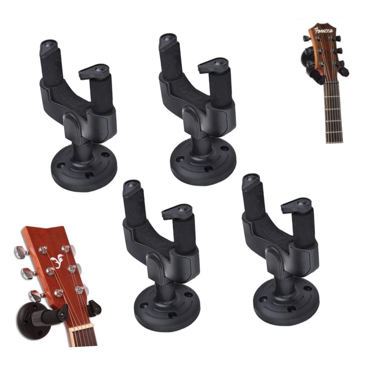 Gancio Chitarra da Muro Nero Abs 4 Pezzi con Base Auto-bloccante | Compatibile con Chitarra e Basso, Montaggio Semplice, Supporto Staccabile con Impugnatura Automatica