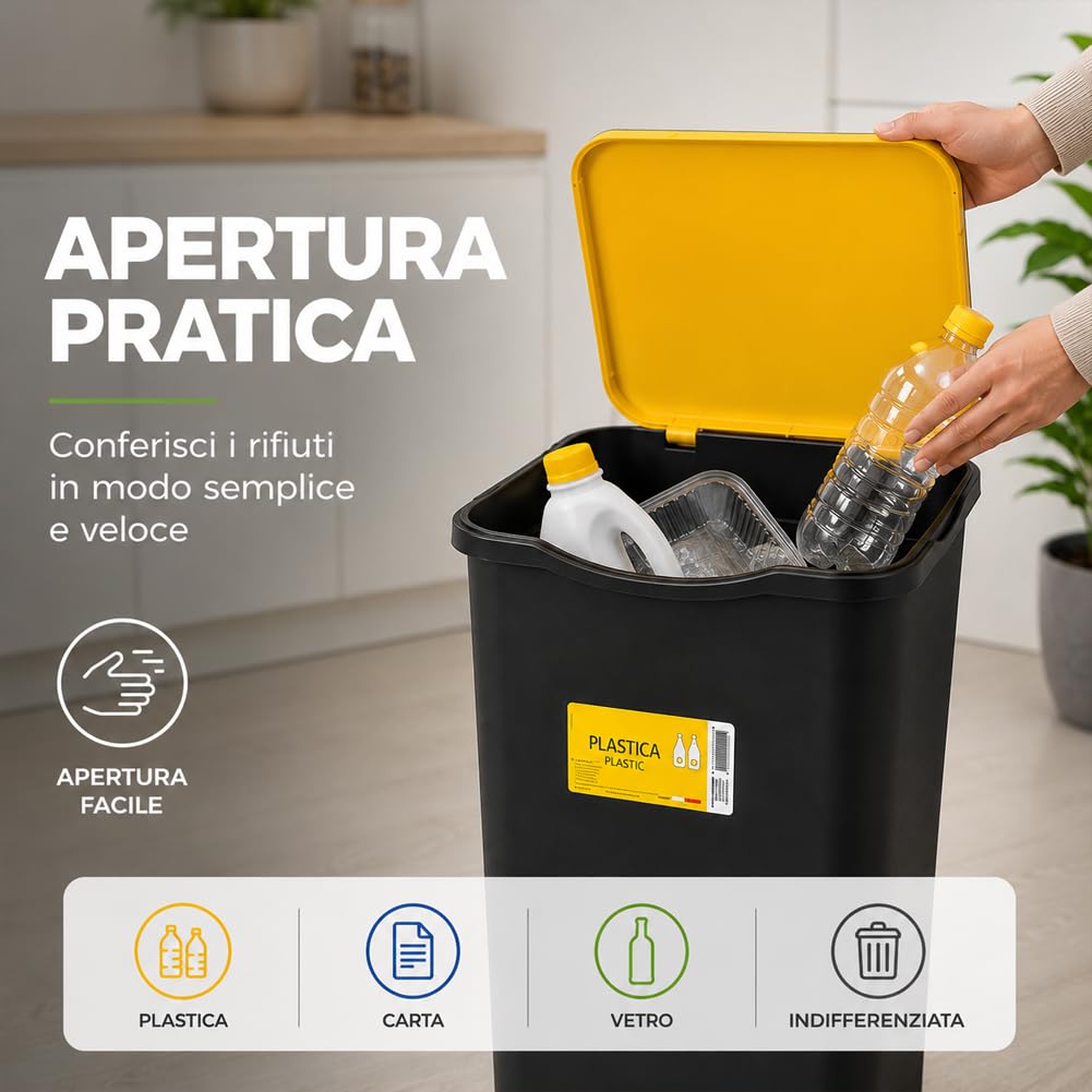 BAKAJI Set 4 Pattumiere per Raccolta Differenziata, Bidoni Spazzatura da 50 Litri con Coperchio Colorato Verde, Blu e Giallo, Contenitori Immondizia da Esterno e Interno, 37.5 x 36 x 62 cm