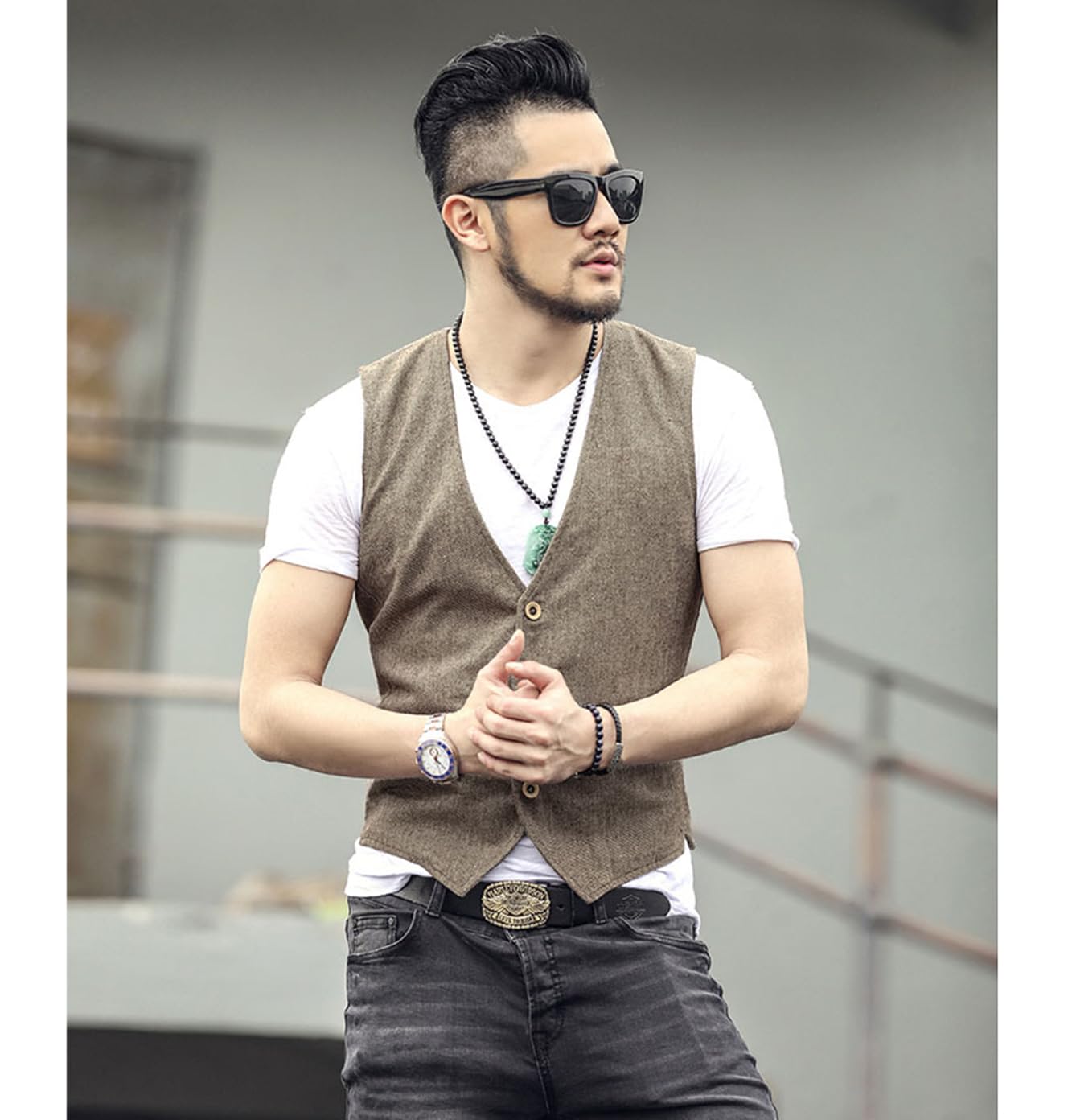 Gilet da uomo senza maniche in cotone e lino casual Gilet da spiaggia estivo slim fit tinta unita a 3 bottoni