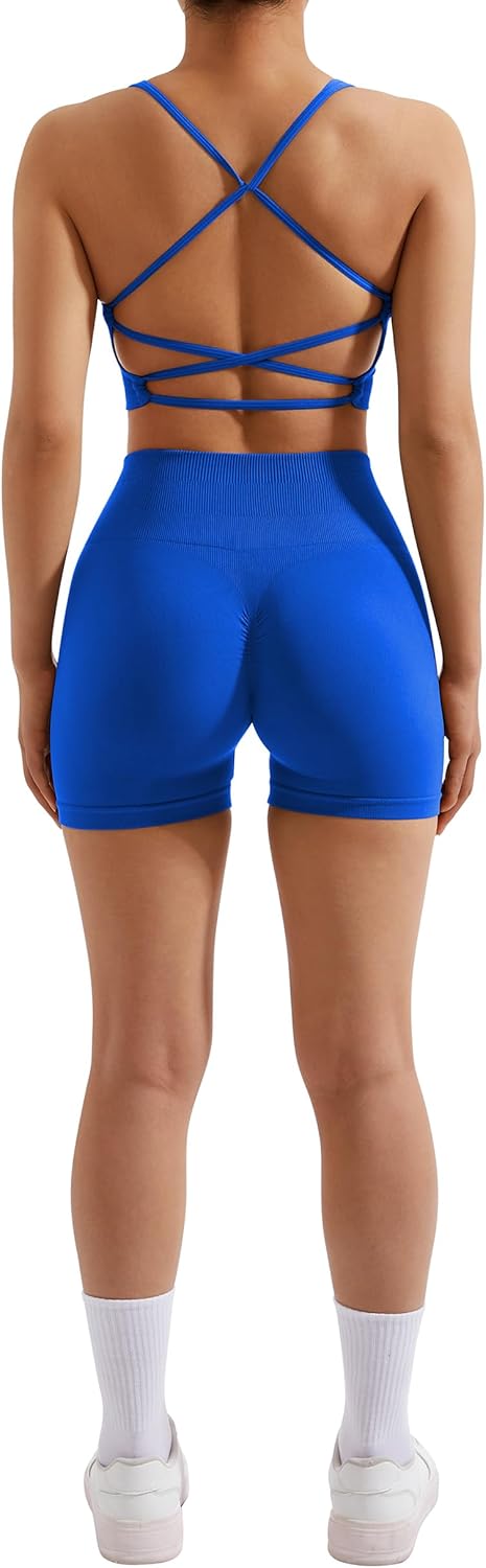 RXRXCOCO Seamless Workout Sets for Women 2 Piece Strappy Sports Bras Scrunch Butt Booty Shorts Matching Yoga Tracksuits - Image 4