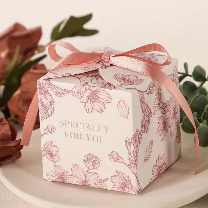 Geschenkbox 30/40/50 Stück Blumen-Geschenkboxen mit Schleife | Elegante Geschenkboxen aus Papier in Pastellrosa mit weißen Blumen for Hochzeiten, Geburtstage und Partys(Red,50pcs)