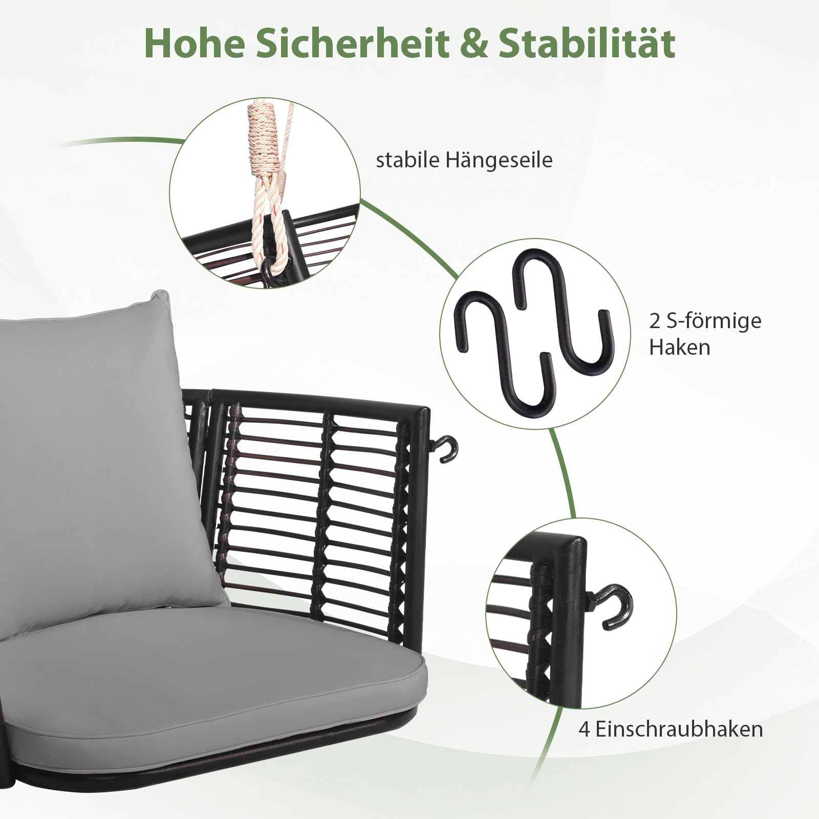 COSTWAY Fotel wiszący, rattanowy, obciążenie do 180 kg, fotel wiszący z poduszkami, metalową ramą i linami wiszącymi, fotel bujany, na werandę, do ogrodu, na podwórko (kolor szary)