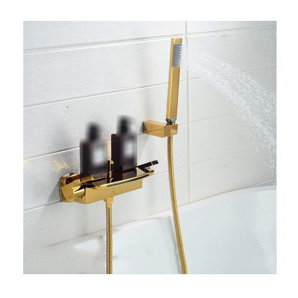 Wasserfall-Badewannenarmatur Mit Kalt- Und Warmwasseranschluss, Wandmontage, Messing, Inklusive Handbrause, Mattschwarz(Poliertes Gold)