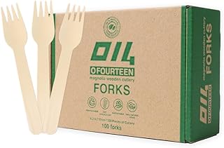 Ofourteen Disposable Wooden Fork (100 pcs) - Magnolia Wood, Eco-Friendly & Compostable Utensils for Camping, Office, Travel, and Lunch Boxes
