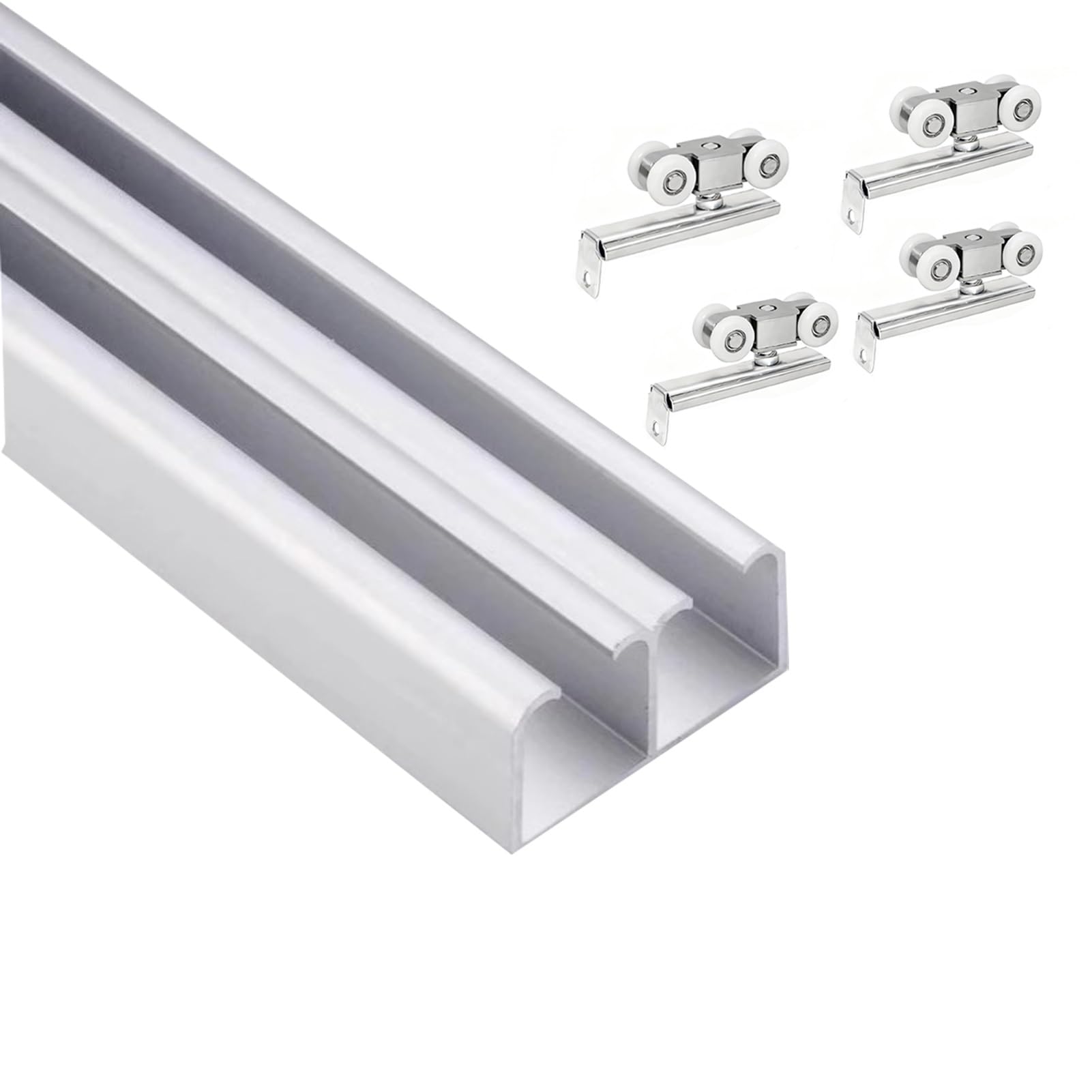 Guia Puerta Corredera Herrajes para Puertas Corredizas de Doble Riel, Kit de Herrajes para Puertas de Granero con Juego de 4 Rodillos, Riel de Herrajes para 2 Puertas(Silver,170cm/5.6ft)