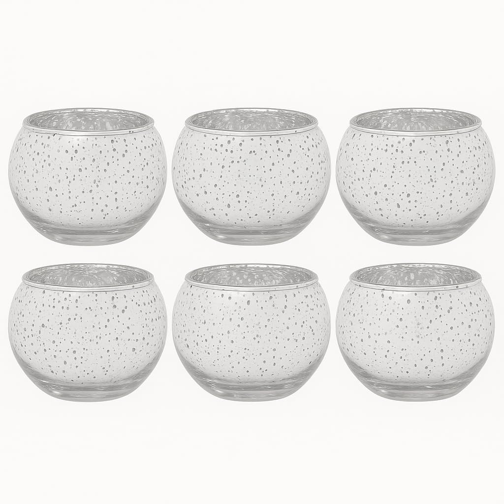 Floralcraft® Speckled Silver Mercury Glass Roly Poly Globe Tealight Holders Set of 6 – Votive Candle Holders for Weddings, Christmas, Home Décor & Table Centrepieces