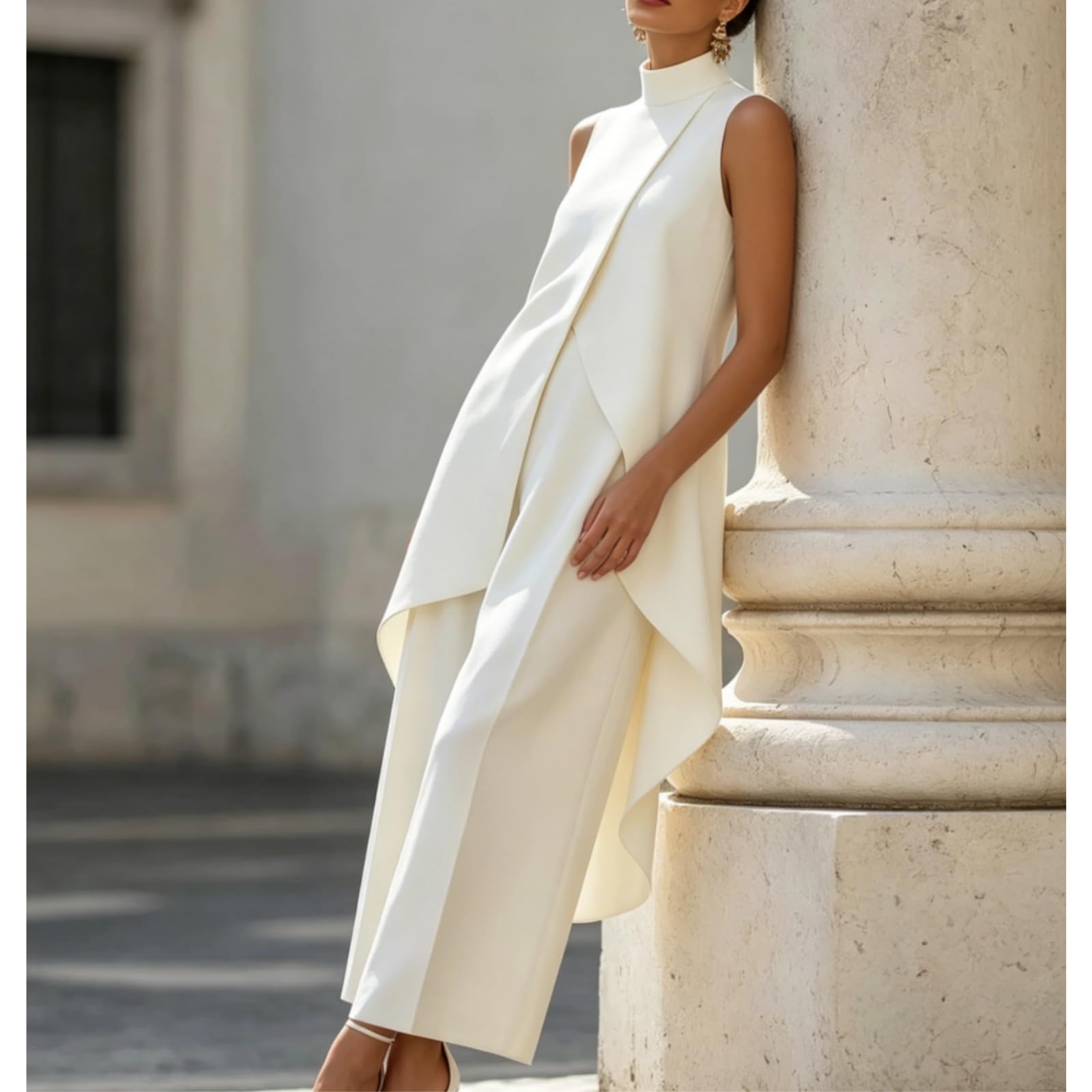 Generico Completo da donna a due pezzi senza maniche, composto da un elegante top asimmetrico a collo alto e pantaloni a gamba larga.