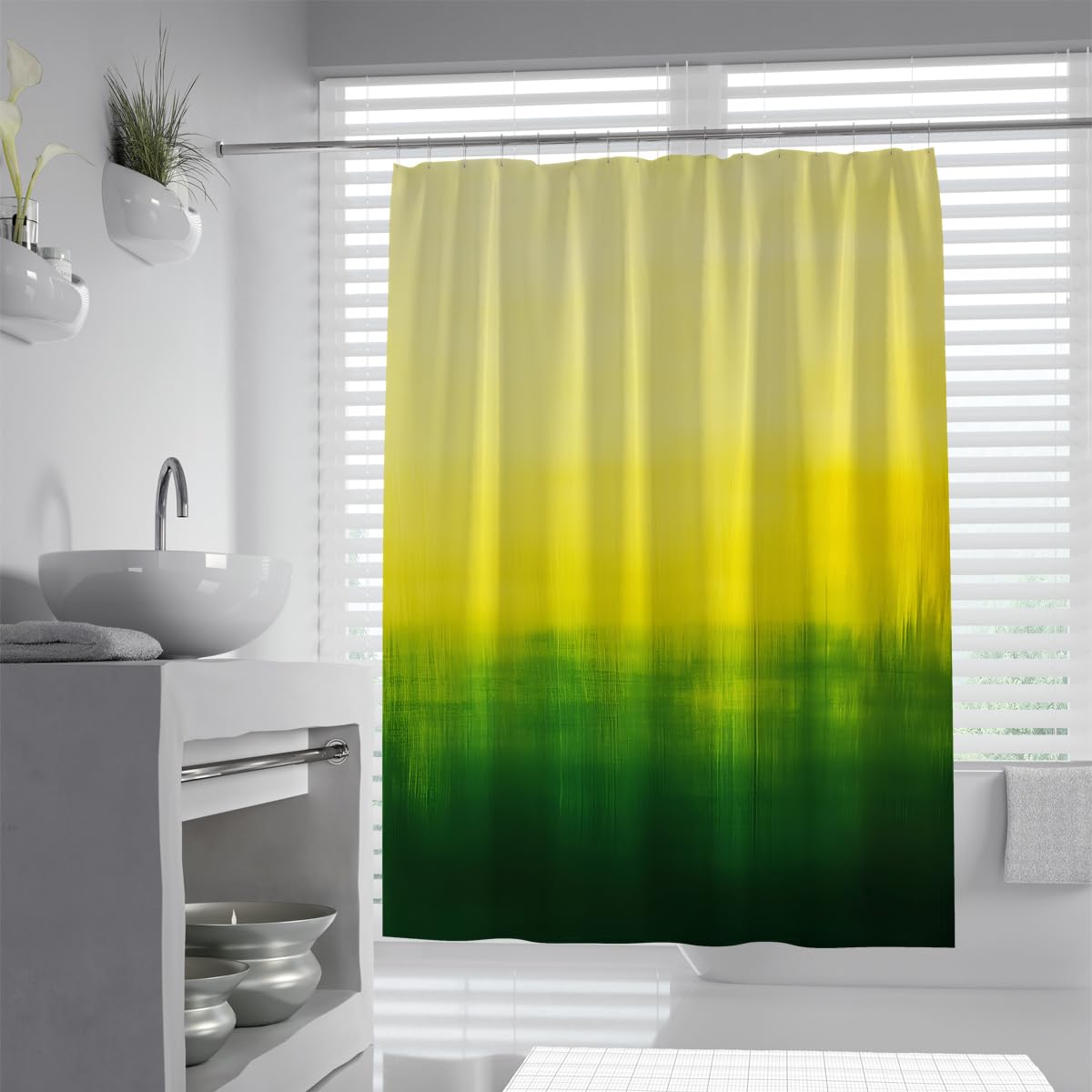Rideau de Douche Abstrait Jaune Vert Texture dégradée de citronnelle éclatante Tissu imperméable Rideaux de Salle de Bain avec Crochets en Forme de C 200 x 220 cm