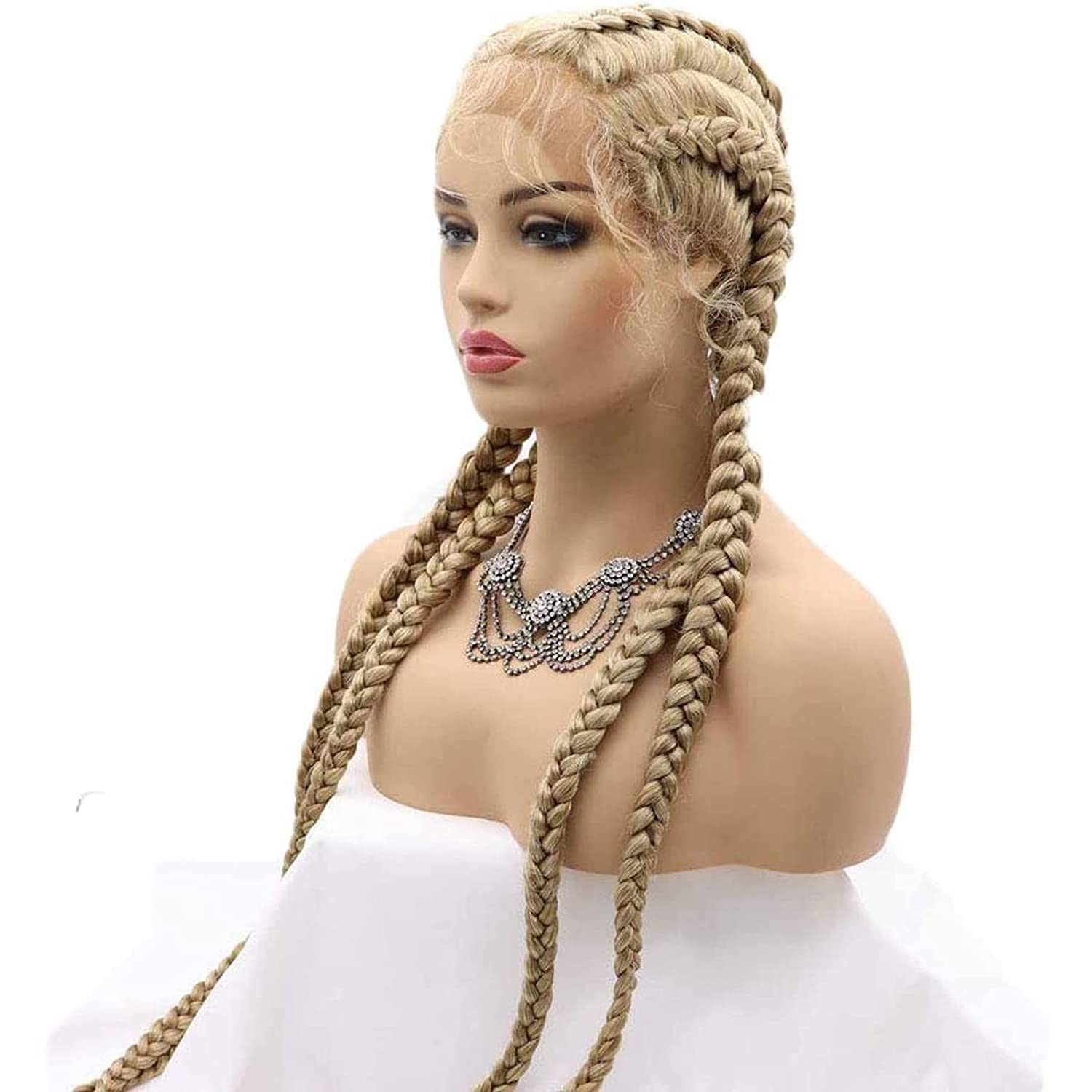 Blonde Braided Wig with Baby Hair Long Soft Synthetic Lace Front Wigs for Black Women Natural Looking 613 Blonde Twist Braids Lace Wig Glueless Heat Resistant Fiber Cosplay Party Drag Queen 30Inch - Image 3